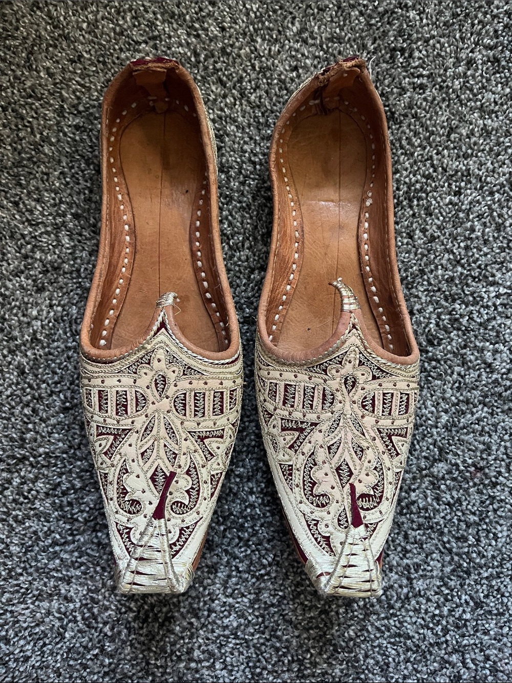 Embroidered Maroon and Cream Women's authentic Persian Slip ons. Size 11